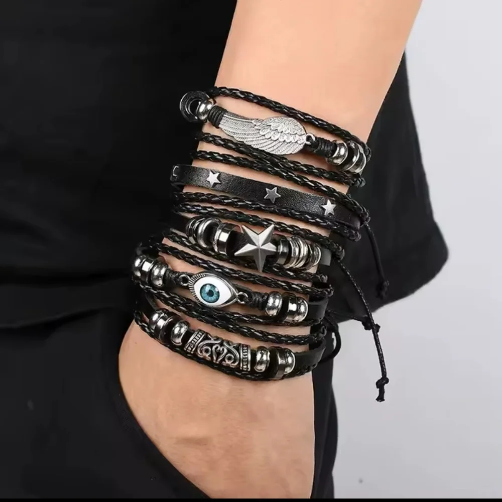 Men's Bracelets Set Leather 5pc Evil Eye Wing Star‎ Layered f21